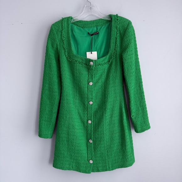 ZARA Kelly Green Textured Tweed Mini Dress Jewel Buttons NWT S Blogger Favorite - Picture 6 of 16